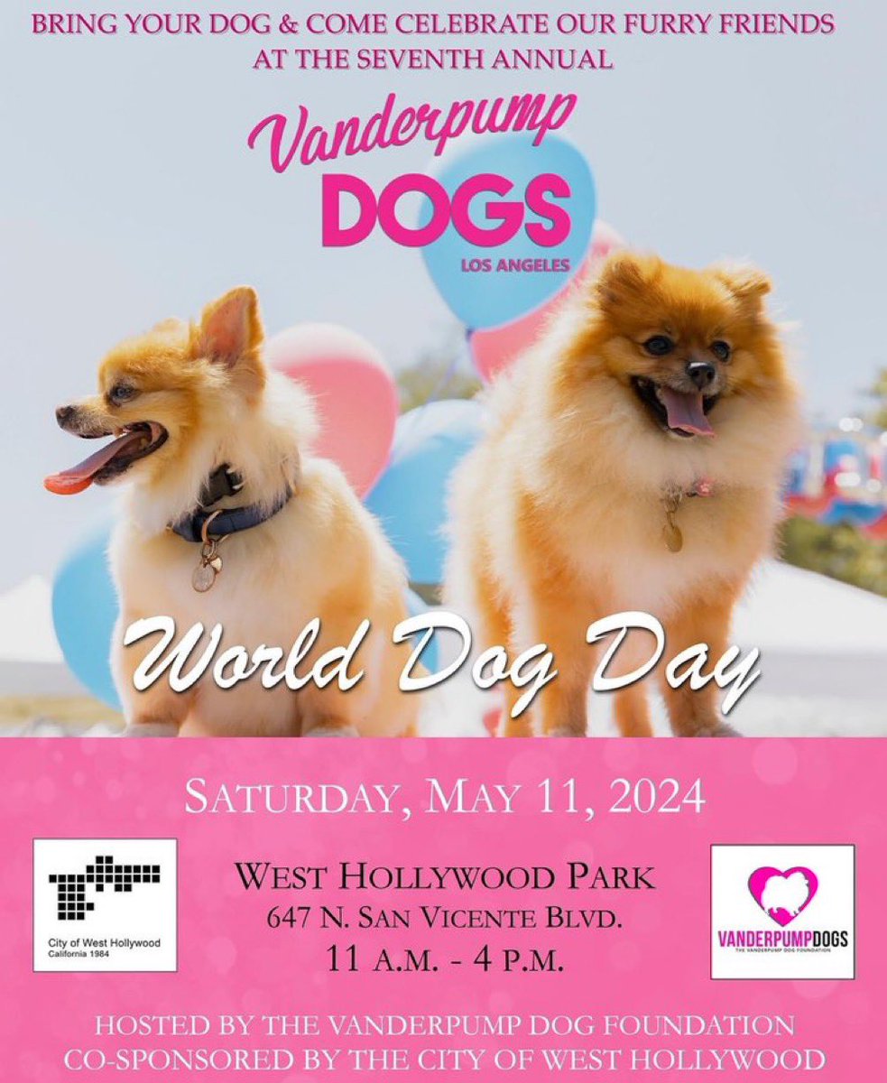 Vanderpump Dogs (@vanderpumpdogs) on Twitter photo Our 7th annual World Dog Day is just 4 DAYS AWAY! We can’t wait to see you May 11th at the West Hollywood Park hosted by @lisavanderpump and co-sponsored by <a href="/WeHoCity/">City of West Hollywood</a>‼️Come join us for a fun-filled day of entertainment, doggy vendors, music, food and more… all to celebrate dogs! Our 7th annual World Dog Day is just 4 DAYS AWAY! We can’t wait to see you May 11th at the West Hollywood Park hosted by @lisavanderpump and co-sponsored by <a href="/WeHoCity/">City of West Hollywood</a>‼️Come join us for a fun-filled day of entertainment, doggy vendors, music, food and more… all to celebrate dogs!