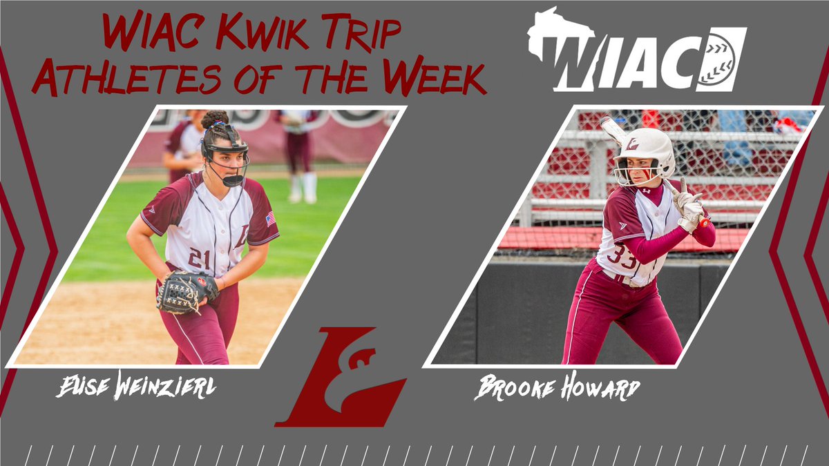 @UWLSOFTBALL Elise Weinzierl and Brooke Howard are WIAC Kwik Trip Pitcher and Position Players of the Week. Weinzierl threw two complete-game shutouts, including a perfect game at UW-Stout. Howard went 9-for-13 with eight runs, five RBI, two steals and one triple in four games.