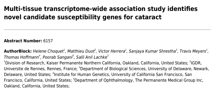 Attending #ARVO24? Don't miss #genetics and #cataract session noon Thursday May 9, featuring @KPDOR research scientist Helene Choquet and colleagues during Genetic Factors in Lens Development and Pathology session @PermanenteDocs @kpnorcal