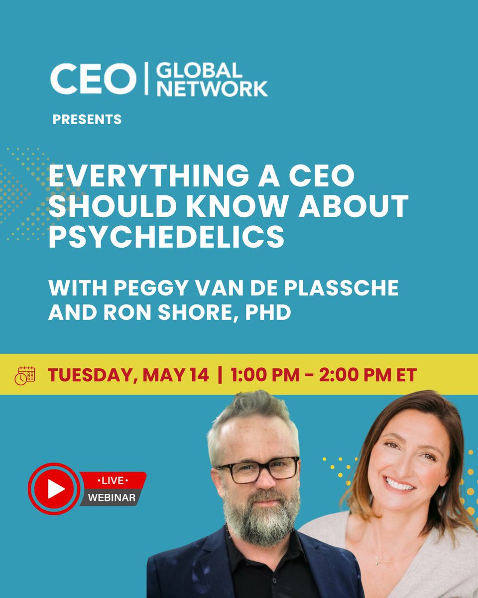 #Webinar: Everything A #CEO Should Know About #Psychedelics. 

📍 Tuesday, May 14th at 1pm ET

>> us02web.zoom.us/meeting/regist…

#LeadershipDevelopment #MentalHealthAwareness #BusinessInnovation #PsychedelicScience