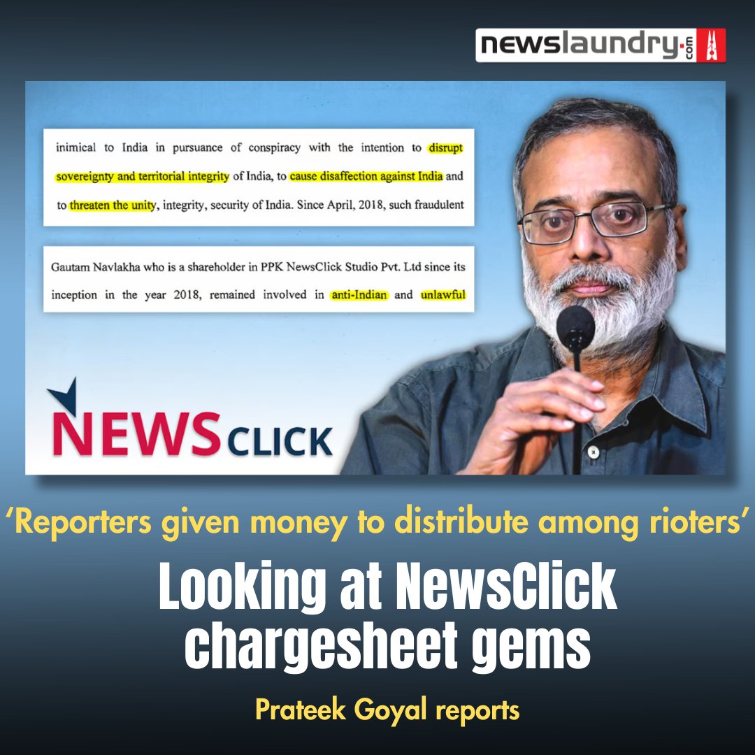 UAPA chargesheet by Delhi Police accuses #NewsClick's reporters of funding protest violence and distributing money among protestors, yet evidence in the 169-page report relies solely on statements under section 164 of the CrPC. @tweets_prateekg reports. newslaundry.com/2024/05/07/rep…