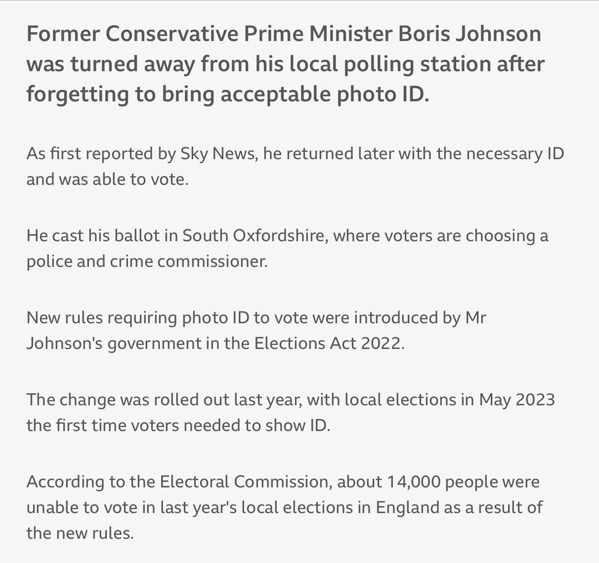 After Boris Johnson failed to turn up at his polling station with the requisite Photo ID last week (and the “villagers” there turned him away), I tried unsuccessfully to table this question in @UKHouseofLords