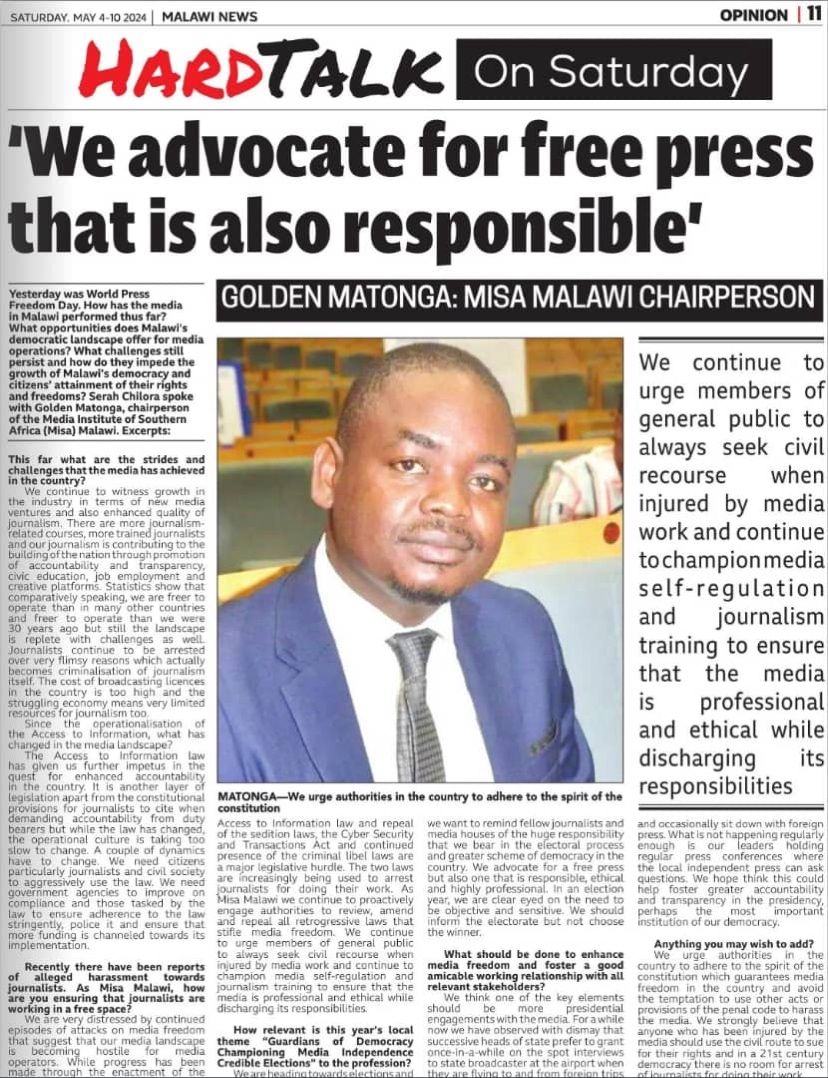 As part of World Press Freedom Day celebrations in Malawi, Malawi News, a leading newspaper in Malawi asked @HumphreyProgram fellow at @Cronkite_ASU and Media Institute of Southern Africa (MISA) Malawi Chairperson @GoldenMatonga about the state of media freedom in Malawi.