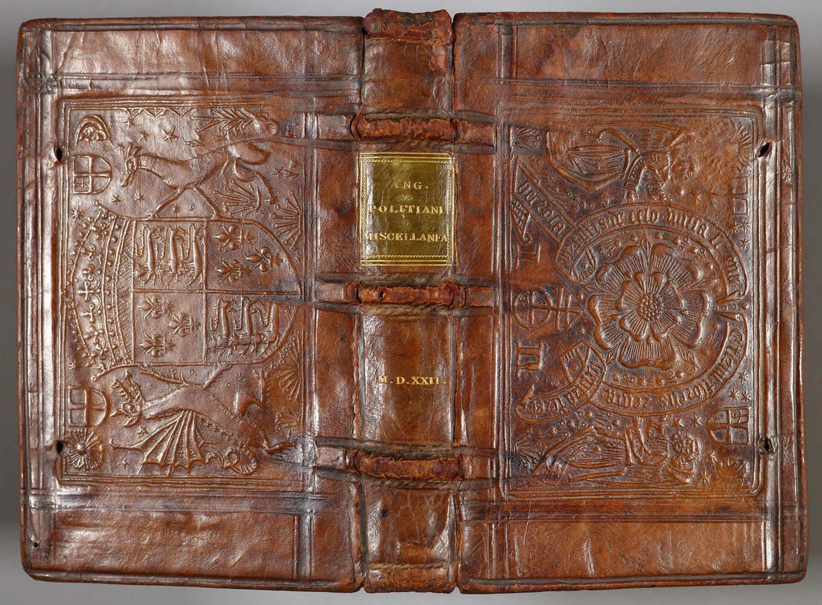 Angelo Poliziano, Miscellanea 1522 Tudor Royal Arms with dragon and greyhound supporters. The blind panel-stamped binding was made by Julian Notary a printer and bookseller from Brittany who established himself in London in the mid-1490s (Royal Collection Trust, HM CIII)