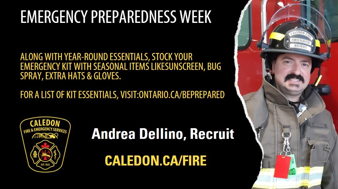 “Along with year-round essentials, stock your emergency kit with seasonal items like: ☀️ Sunscreen 🐛 Bug spray 👒 Extra hats 🧤 Gloves For a list of kit essentials, visit ontario.ca/BePrepared.” – Andrea, Recruit #EPWeek2024 #Caledon #ReadyForAnything
