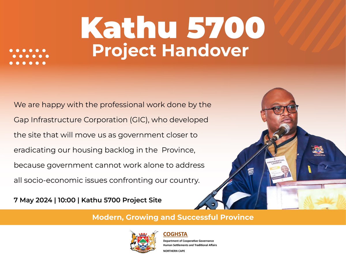 nc_coghsta's tweet photo. 🏡The Northern Cape Provincial Government today recieved Kathu 5700 Serviced Sites Project from Gap Infrastructure Corporation (GIC) in Kathu in the Gamagara Local Municipality.
MEC Bentley Vass remarks
#northerncape
#decenthousing
#moderngrowingsuccesfulprovince https://t.co/yLJTYsuZeO