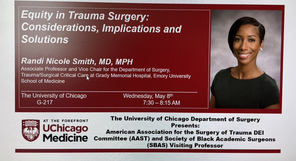 Very excited for our grand round tomorrow thanks to @traumadoctors and @SocietyofBAS and our department @uchicagosurgery for sponsoring @RandiSmithMD in this visiting professorship!