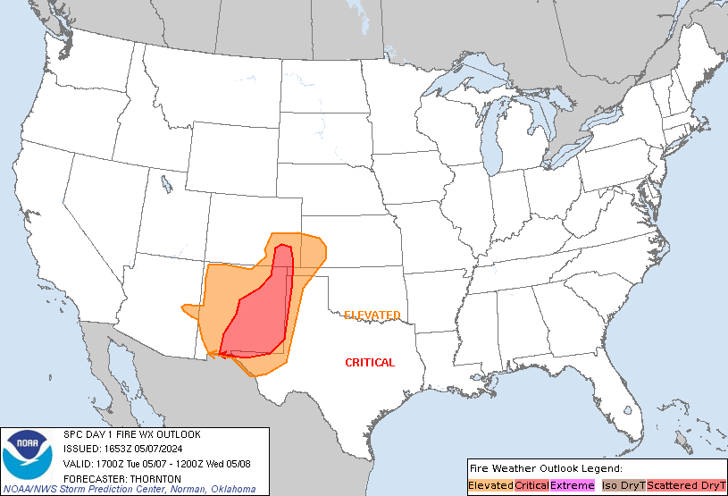 D1 #SPC #FireWX Outlook
#Critical #Fire risk in parts of #Colorado,#Oklahoma,#NewMexico,#Texas states esp #ElPaso,#LasCruces,#RoswellNM,#Clovis,#Alamogordo,#Tucumcari,#Carlsbad,#Artesia,#Tatum,#Hobbs,#Socorro,#LasVegasNM,#LamarCO cities
#Wxtwitter #TXwx #Nmwx #OKwx #COwx