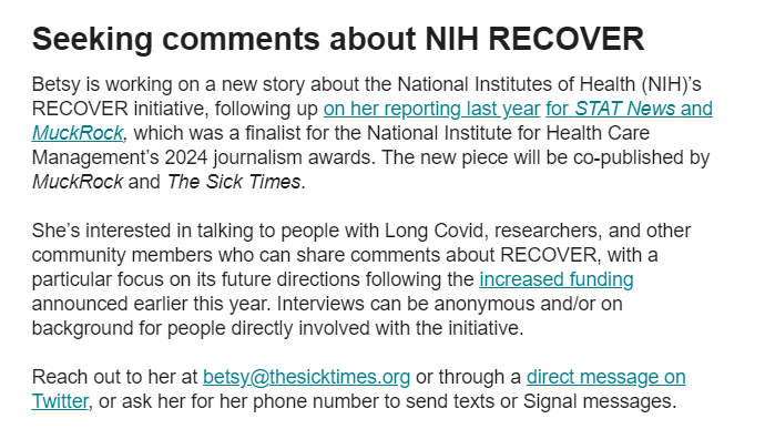 Call for sources: I'm working on a new NIH RECOVER story for @thesicktimes (a follow-up to last year's pieces). You can be anonymous and/or on background if needed. Email me (betsy@thesicktimes.org), DM, or ask for my number for texts/Signal. #LongCovid