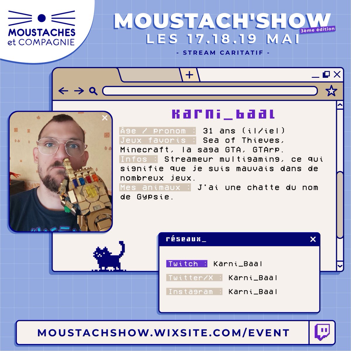 ⭐ PRÉSENTATION DES STREAMERS 

Nous vous présentons aujourd'hui <a href="/Shaella_/">T1 Ξlla 💋</a>  et <a href="/Karni_Baal/">KarniBaal</a> !

Retrouvez les sur Twitch du 17 au 19 mai pour le <a href="/MoustachShow/">Moustach'Show</a> au profit de <a href="/Moustaches35/">Moustaches & Cie</a> 🐱