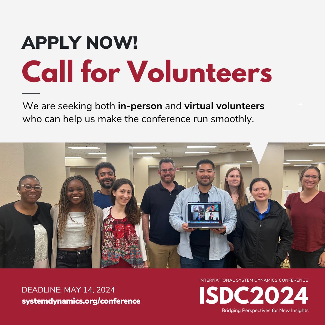 📣 1 WEEK LEFT TO APPLY! This year, we are excited to offer over 40 #volunteer positions, with the option to join either online or in-person. 🫱🏻‍🫲🏽 📅 Application deadline: May 14, 2024 🔗 Apply now: ow.ly/8BSw50Ry86G #SystemDynamics #systemsthinking #ISDC2024