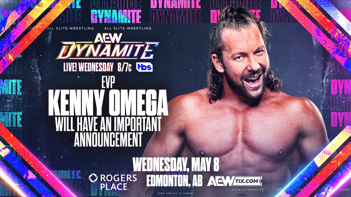 #AEWDynamite TOMORROW NIGHT, May 8! Edmonton, AB LIVE 8pm ET/7pm CT | @TBSNetwork After the beating he sustained last week in his hometown of Winnipeg at the hands of #theElite, what will EVP @KennyOmegamanX's Important Announcement be on #AEW Dynamite TOMORROW NIGHT?