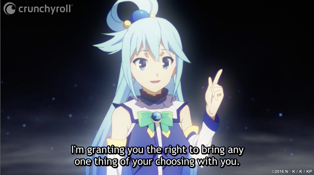 'The Goddess Aqua has a very important question for you! Respond to her with an image or GIF! 💖 (via @Konosuba_Anime)
