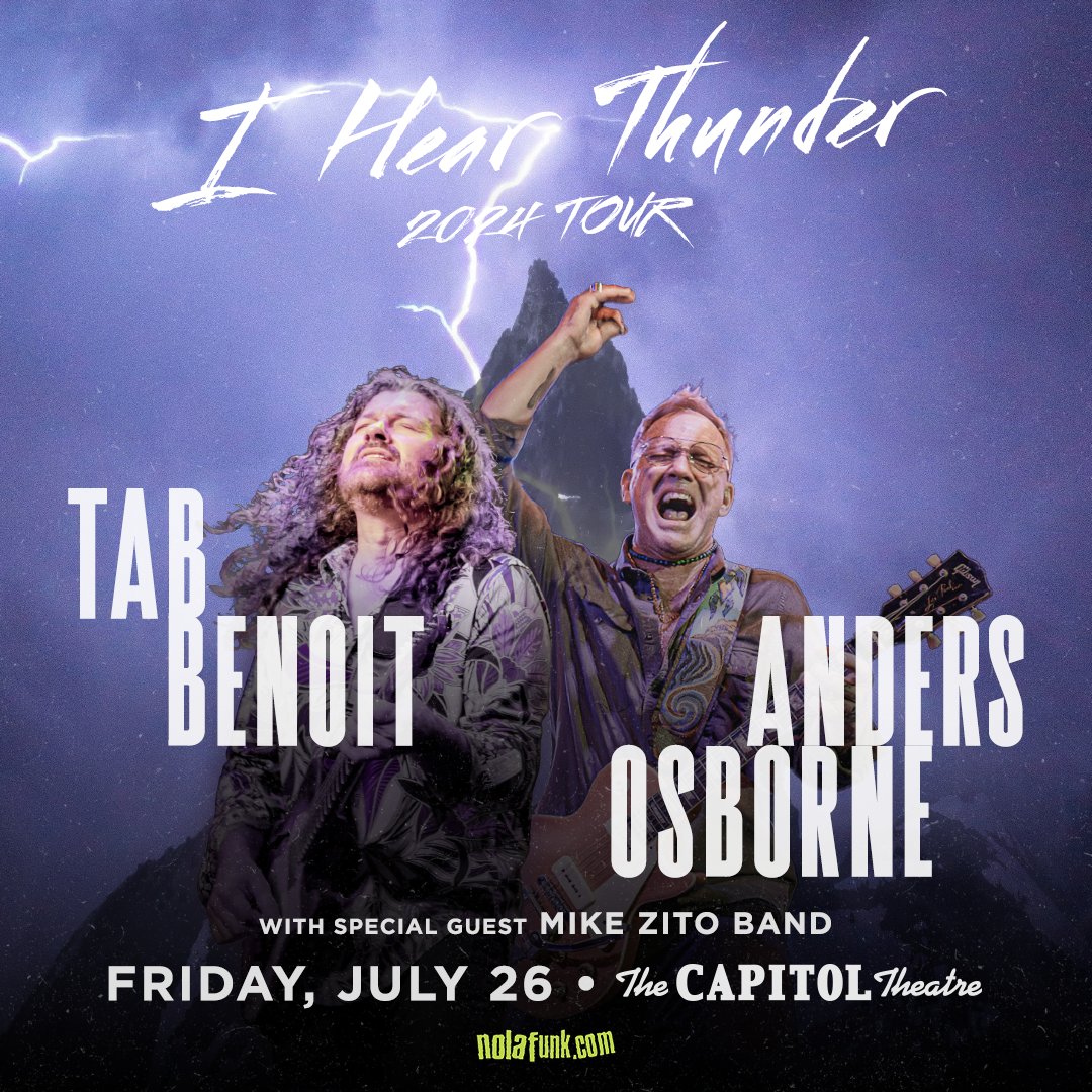 Blues fans - Mark your calendar for July 26! @capitoltheatre hosts blues sensation @tabbenoitofficial, award-winning @andersosborne, and the one and only Mike Zito Band (@zitorox). Don't miss out – secure your tickets at nolafunk.com!