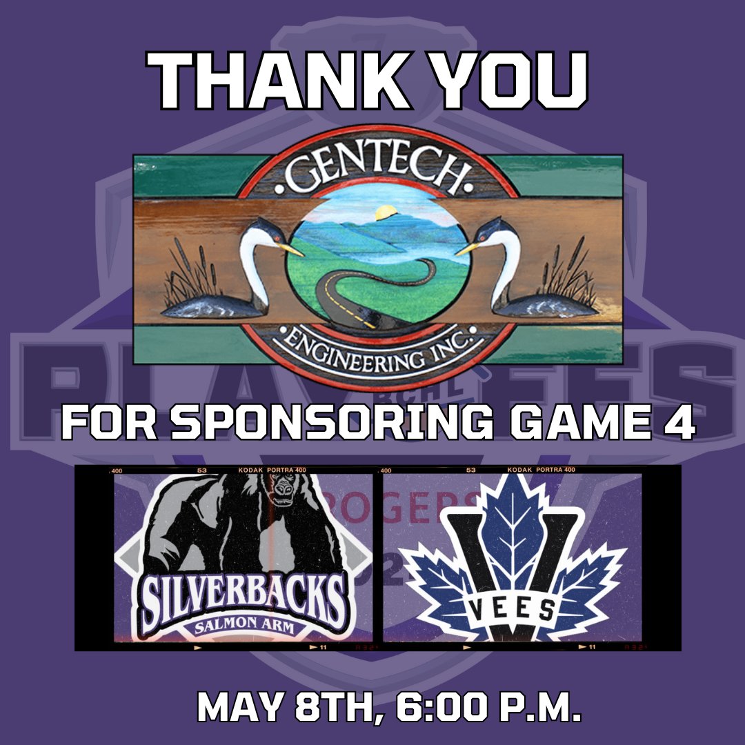 Thank you to our Kids Get in Free Sponsor, Gentech Engineering for sponsoring Game 4 on Wednesday, May 8th! The Silverbacks continue the 2023/24 playoffs at home against the Penticton Vees!⁠