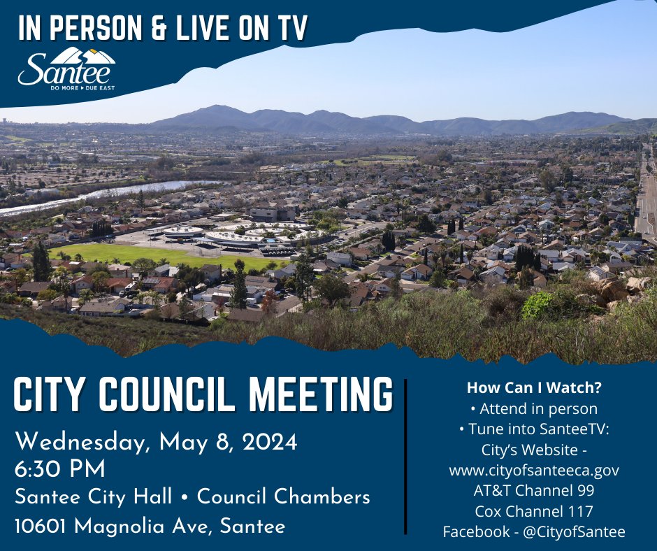 Tune into tomorrow's Santee City Council meeting! The meeting starts at 6:30pm in the Council Chambers at Santee City Hall 10601 Magnolia Ave, Santee. Watch live on SanteeTV or our city's Facebook page. View the agenda here: bit.ly/3WsUUjC #CityofSantee #CityCouncil