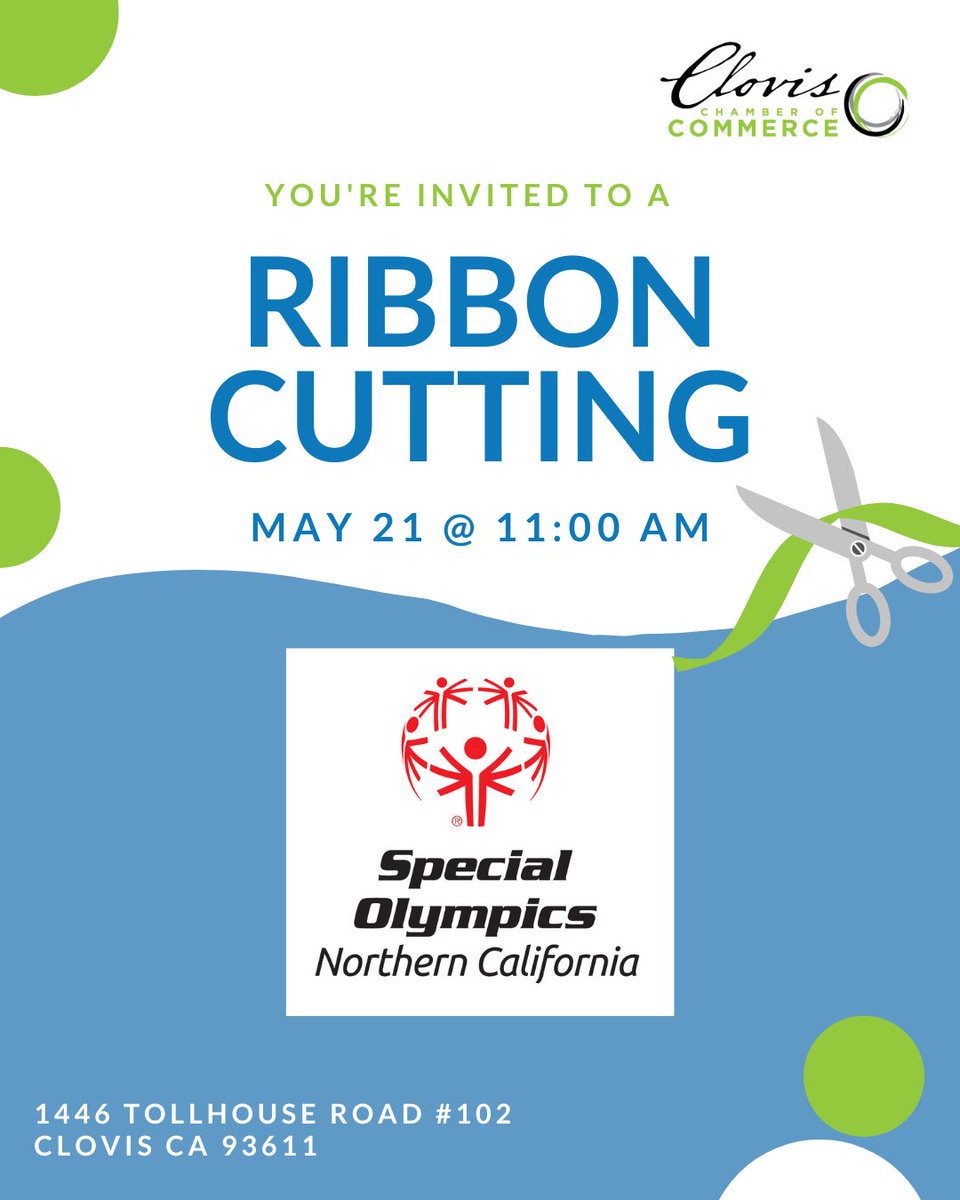 Come and celebrate with us at the ribbon cutting ceremony for @SONorCal on May 21st at 11 AM. Let's share in the joy and excitement of this grand opening together! 

#SpecialOlympics #clovicchamber #chamberevents #businessnetworking #businessengagement #CommunityEvent ✂️ 🎈