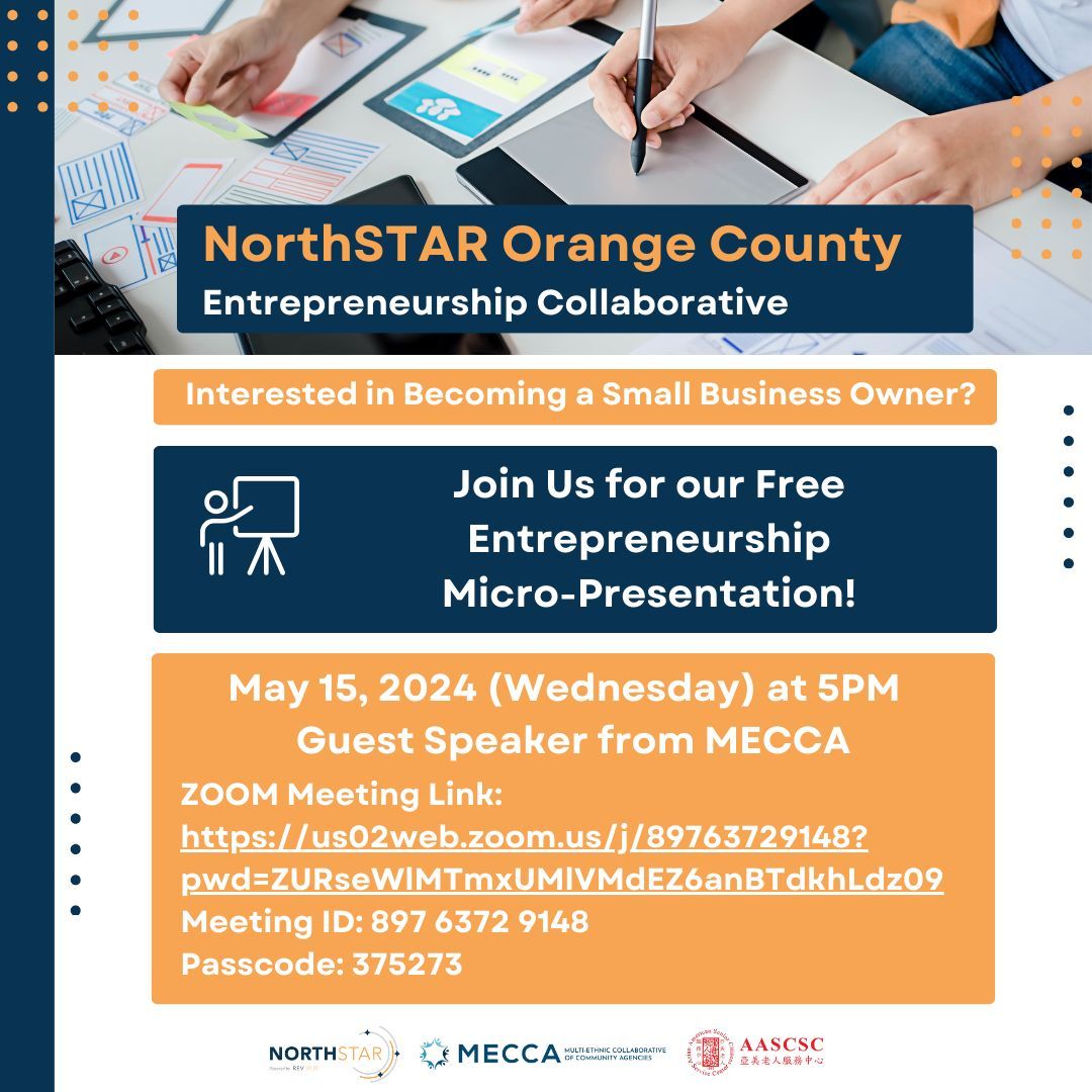Join us on Wednesday, May 15, 2024, at 5 PM (PST) on Zoom for our free NorthSTAR OC Entrepreneurship Micro-Presentation!🚀🌟

Meeting ID: 897 6372 9148
Passcode: 375273

@ocmecca #northstaroc #revhub #entrepreneur #Entrepreneurship #CommunityEmpowerment