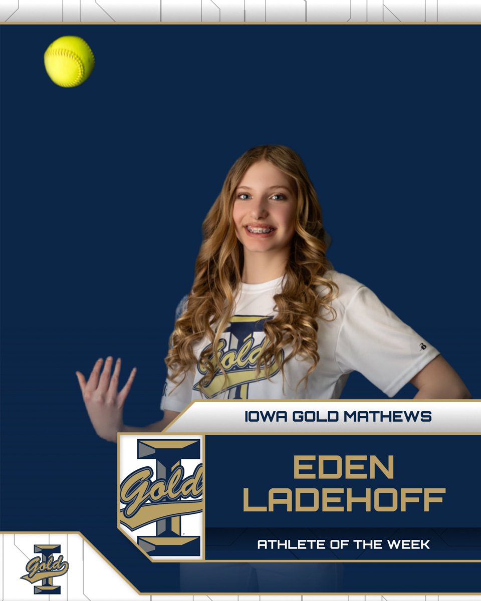 Congrats to our Athlete of the Week, Eden Ladehoff! 
W/L: 3-0
IP: 16.1
ERA: 1.714
WHIP: 1.041
K/BB: 19/1
#gogold #iowagold #athleteoftheweek