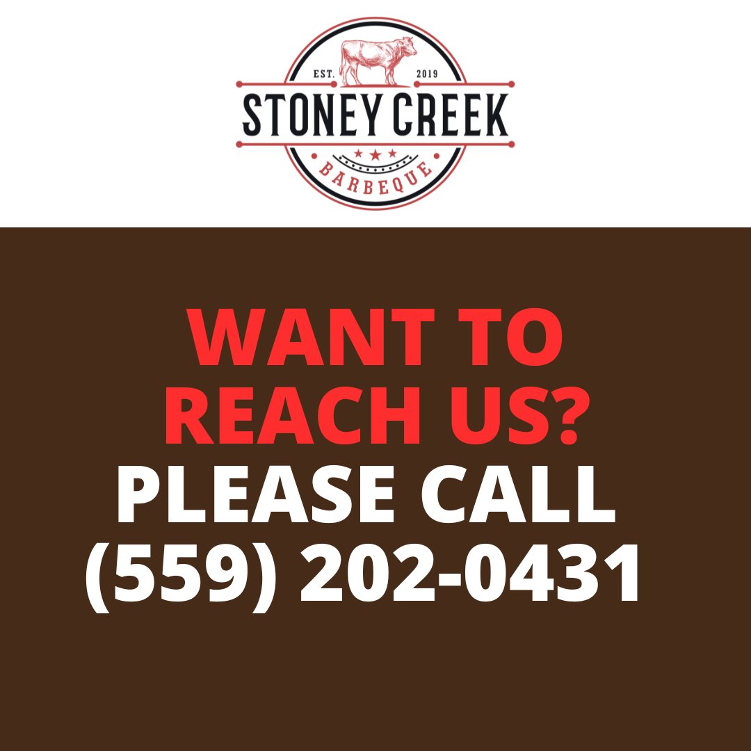 Want to place an order, or have a question and want to reach us? Please call (559) 202-0431 .

#Order
#BBQ
#LowAndSlow
#StoneyCreekBBQ
#StoneyCreekBarBeQue
#Porterville
#WorthTheDrive