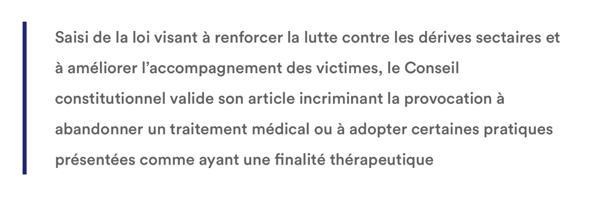 🔴 Le Conseil constitutionnel valide l'intégralité du #PJLDérivesSectaires. 

Un camouflet pour tous ceux qui arguaient de l'inconstitutionnalité de l'article 4. (Tout ça pour ça !) 

Surtout, une avancée historique pour les victimes de dérives sectaires. Nous continuerons !