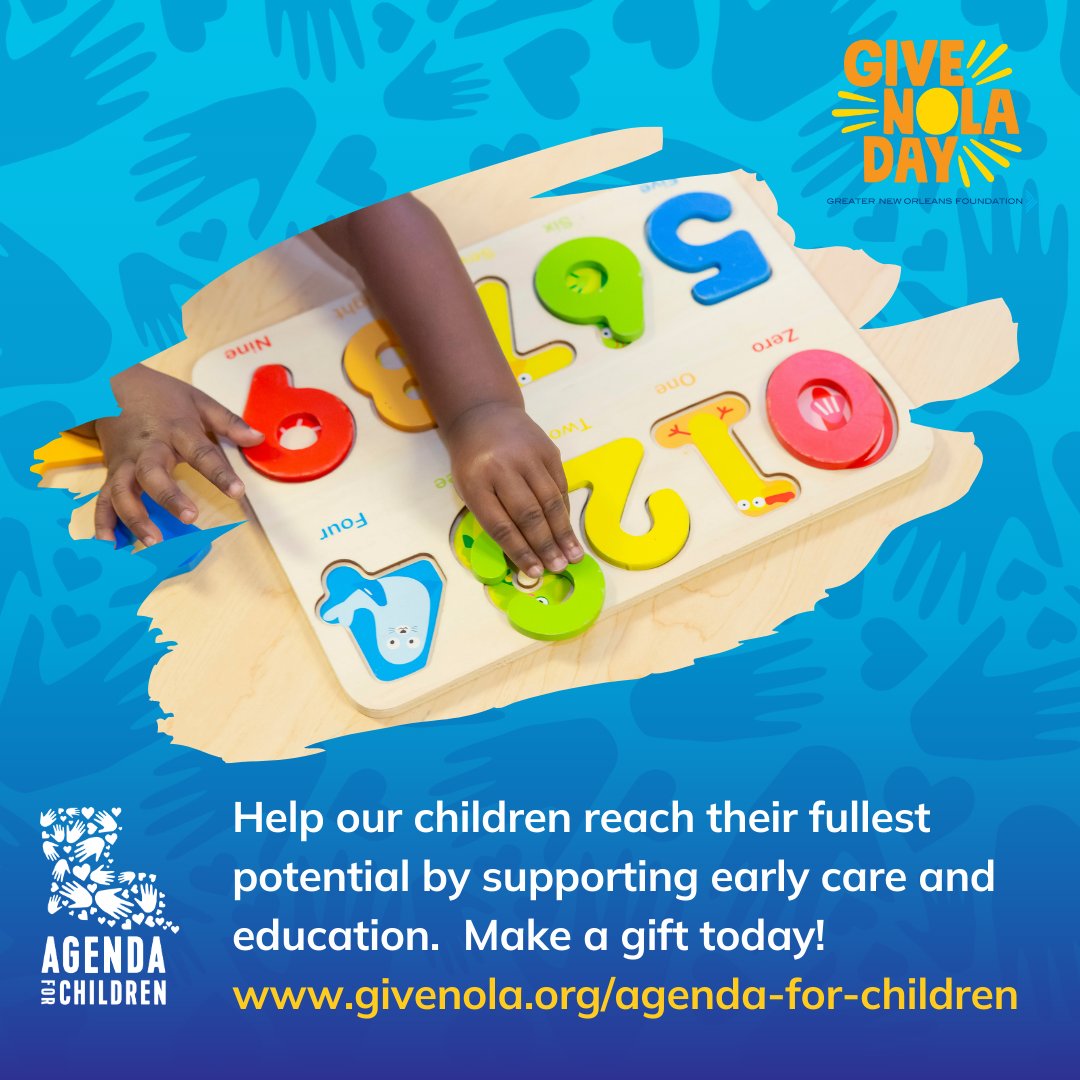 Agenda4Children's tweet image. Generous community support helps Agenda support high-quality early care and education for children in our region.  Please consider a gift to Agenda for Children today on #GiveNOLADay!  To make a gift, go to: bit.ly/49RAK6a

#ecematters, #childcare