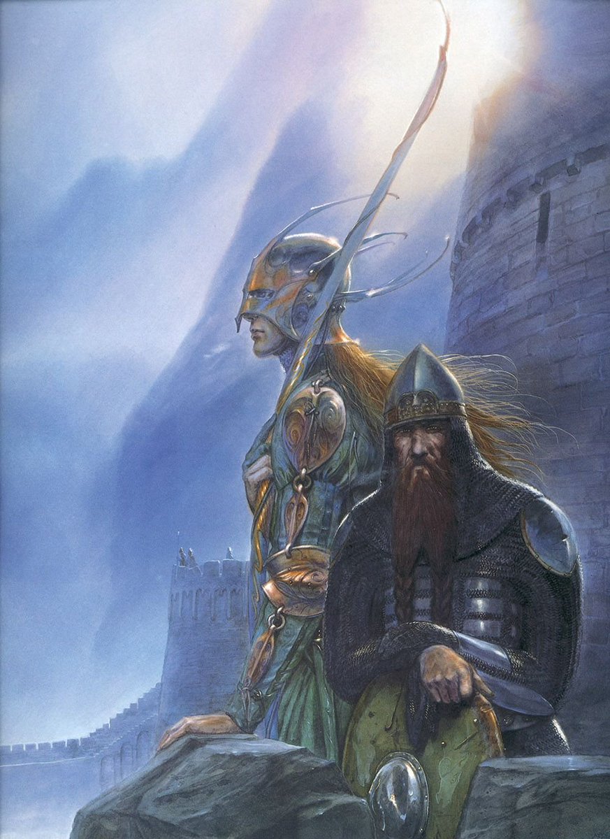 Legolas and Gimli before the siege of Helm's Deep 

 art by John Howe