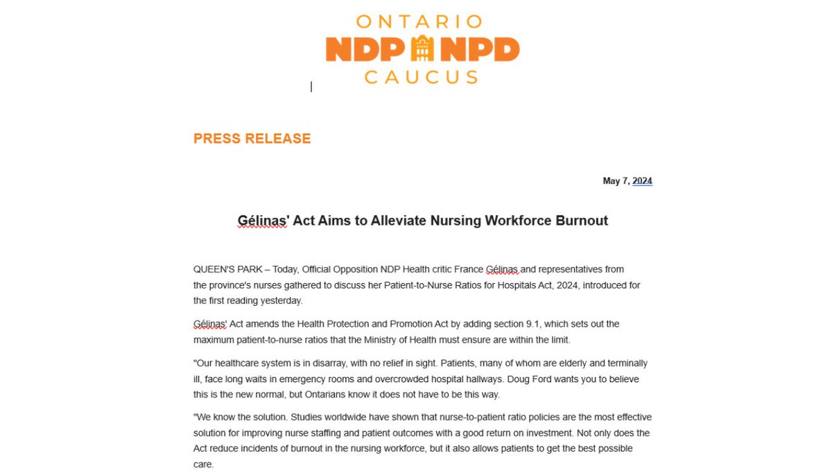 Another way the NDP is presenting a solution to help stop nursing workforce burnout and stabilize our healthcare system. Credit to MPP Gelinas.