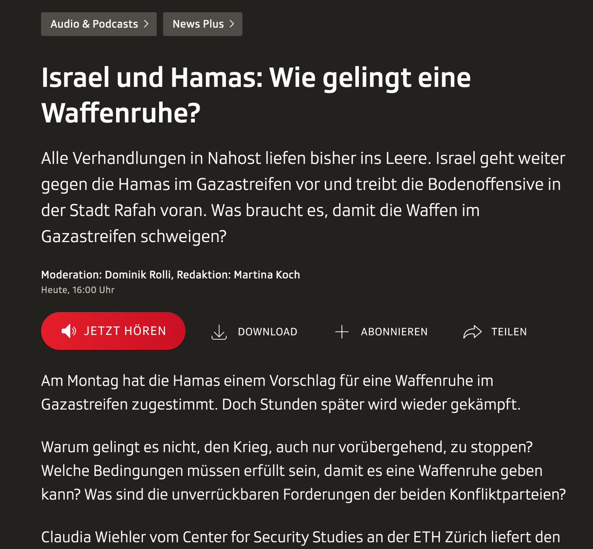 When are conflict parties ready to cease fire? Very happy to have shared my expertise with the Swiss SRF for this episode on a potential #ceasefire in #Gaza srf.ch/audio/news-plu… (in German)