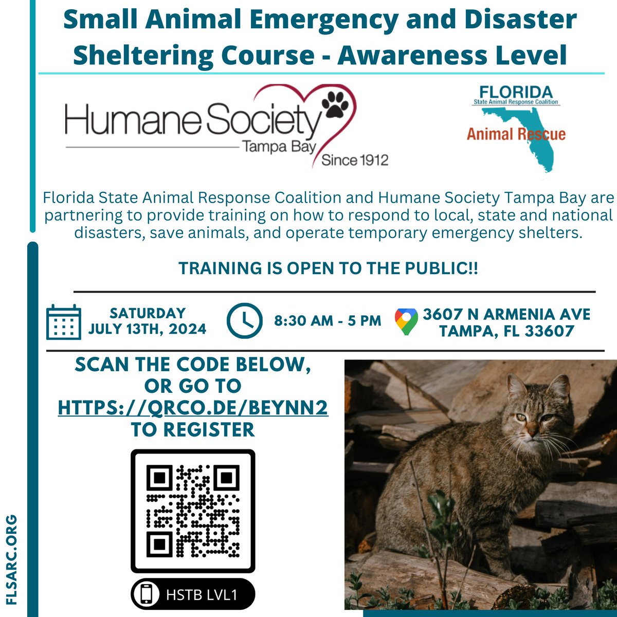 flsarc's tweet image. We're bringing our Level 1 Training to Tampa! July 13, at the @HumaneTampaBay. Use the promo code MELBA to take $25 off the registration fee ($35). Training is open to EVERYONE!! @HillsboroughFL @FOX13News @PinellasEM @PinellasGov @StFranSociety @HumanePinellas