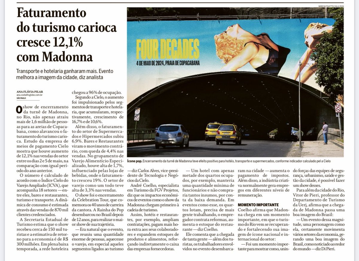 Faturamento do turismo carioca cresce 12,1% com ⁦@Madonna⁩. Transporte e hotelaria ganharam mais. Evento melhora a imagem da cidade, diz analista, Ana Flávia Pilar cc ⁦@rvitoria⁩ ⁦@Seneguini⁩ ⁦@elida_graziane⁩ ⁦@reztirps⁩ ⁦@_robertomotta⁩
