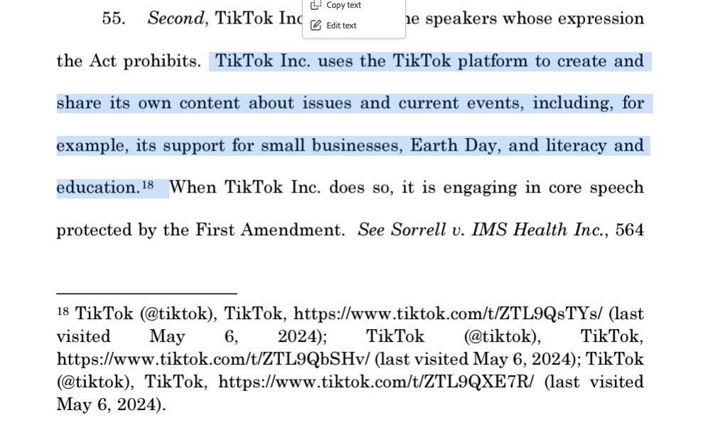 TikTok says in its First Amendment objection that they are a publisher - like a news or media company - that exercises editorial control over its content, and 'shares its own content about issues and current events'