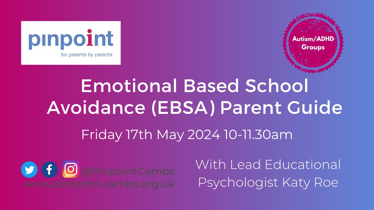 Join us for Emotional Based School Avoidance - Parent Guide session on 17 May, 10-11:30am. Katy Roe will bring the EBSA Parent Guide to life, addressing the needs of SEND children. Book your ticket here (Spaces are limited) 👉 ow.ly/8ISc50RyxtX #Pinpoint #SEND #EBSA