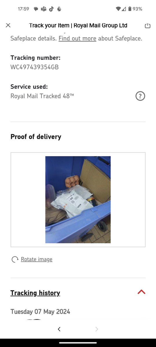 richweedon77's tweet photo. @RoyalMailHelp can you please explain how my package has been delivered to a recycling bin that is not even at my address!! I don't need to be knocking on doors when I get home from work trying to find my package!! https://t.co/wmEQrrPIz0