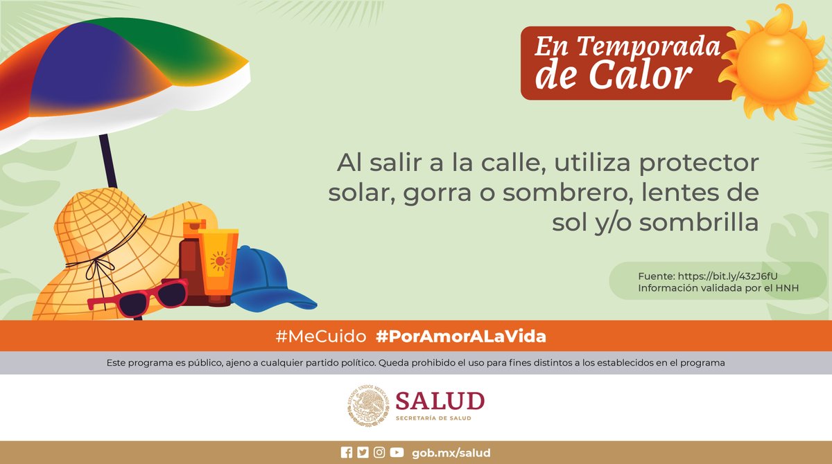 #EnTemporadaDeCalor ☀️🔥 Utiliza protector solar, gorra, sombrero o sombrilla y mantente hidratado con agua natural 🧴🧢👒 Conoce más en ➡ bit.ly/4dunkA6 #MeCuido #PorAmorALaVida