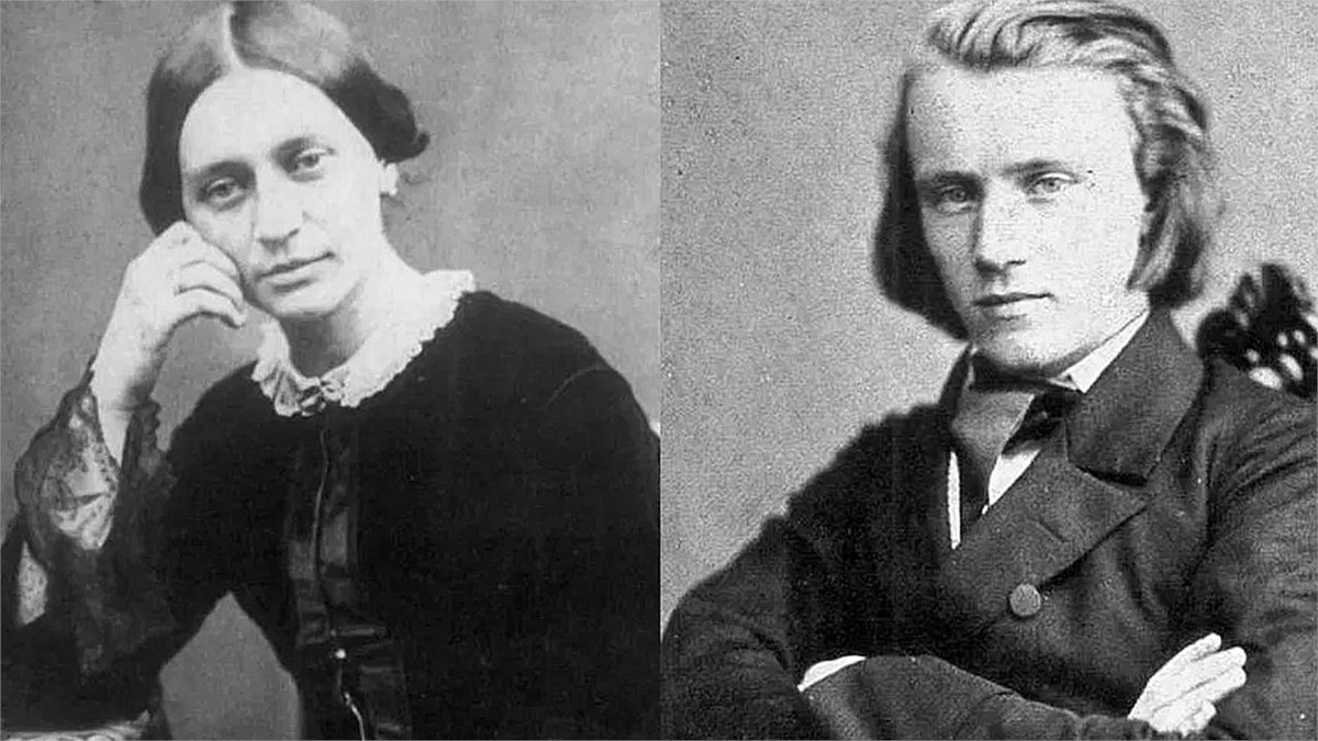 Clara Schumann and Brahms in 1853, when they first met. After the death of Robert Schumann in 1856, their friendship became the most important of their lives. Whether the relationship was ever romantic is unclear, although they did make a point of destroying their letters.