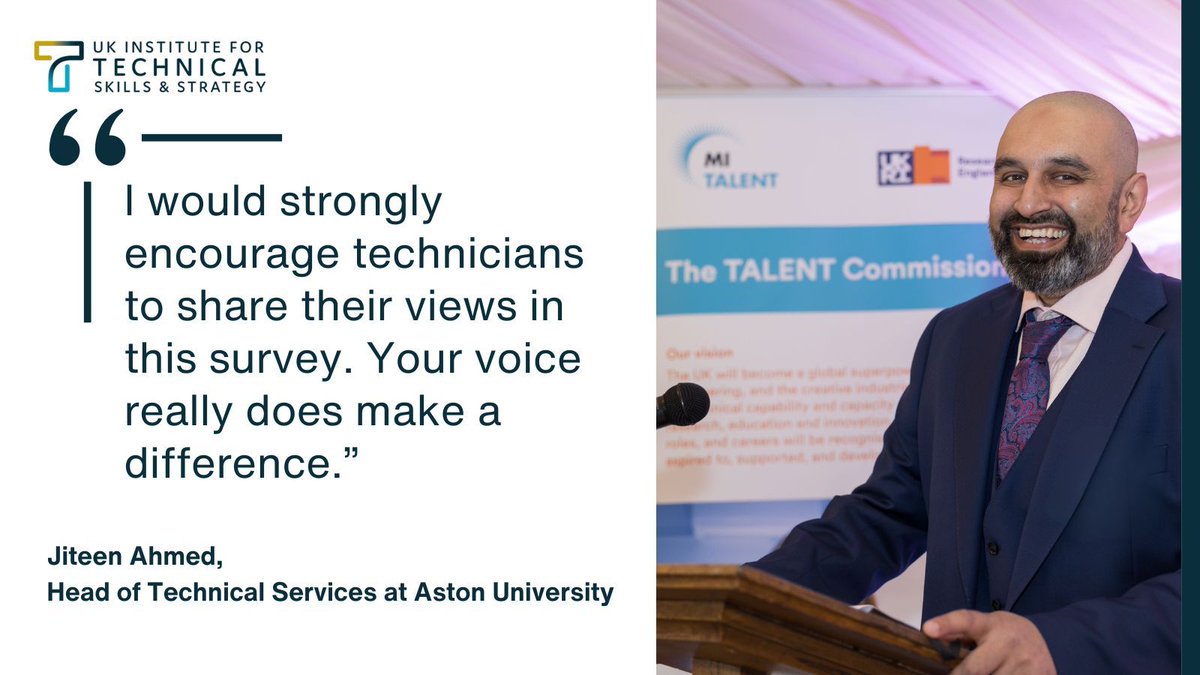 Technicians - do you have 25 mins to spare? Share your views in this survey buff.ly/3Uz6MiI @JiteenAhmed: “Since the @MI_TechTALENT Commission report was published, I've seen greater recognition & opportunities for technicians, nationally & within @AstonUniversity'