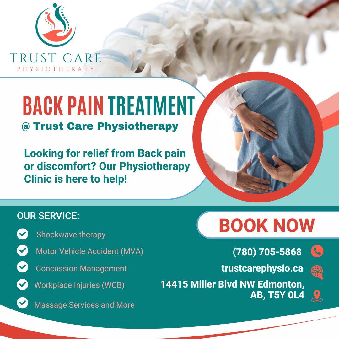Say goodbye to back pain with Trust Care Physiotherapy Clinic! 🌟 Our personalized assessments and holistic approach ensure effective relief. Don't let back pain control your life—schedule your appointment today! #TrustCarePhysio #BackPainRelief #HolisticHealing 🏥💪