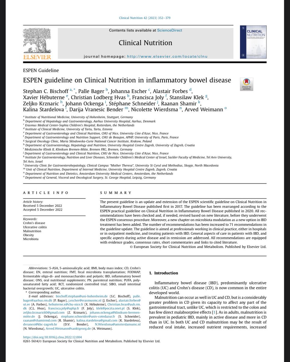 الجهاز الهضمي عالم كبير ولكن هذه بعض التوصيات🙏🏻 -فشل الأمعاء المزمن ESPEN 2023 👇🏻 espen.org/files/ESPEN-Gu… من افضل المنظمات لمرضى الIBD -Crohns and Colitis foundation (العديد من التوصيات المفيدة) 👇🏻 crohnscolitisfoundation.org ESPEN guidelines in IBD 👇🏻 espen.org/files/ESPEN-Gu…