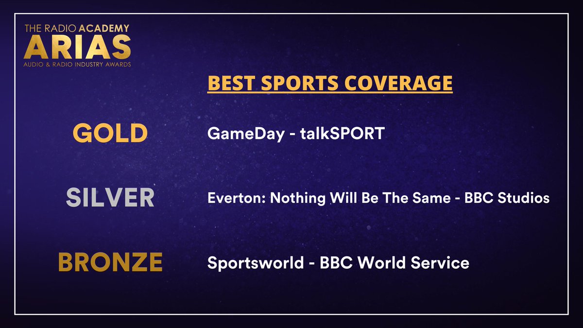 🏆And the award for Best Sports Coverage… GOLD – GameDay, @talkSPORT SILVER – Everton: Nothing Will Be The Same, BBC Studios BRONZE – Sportsworld, @BBCWSSport #UKARIAS