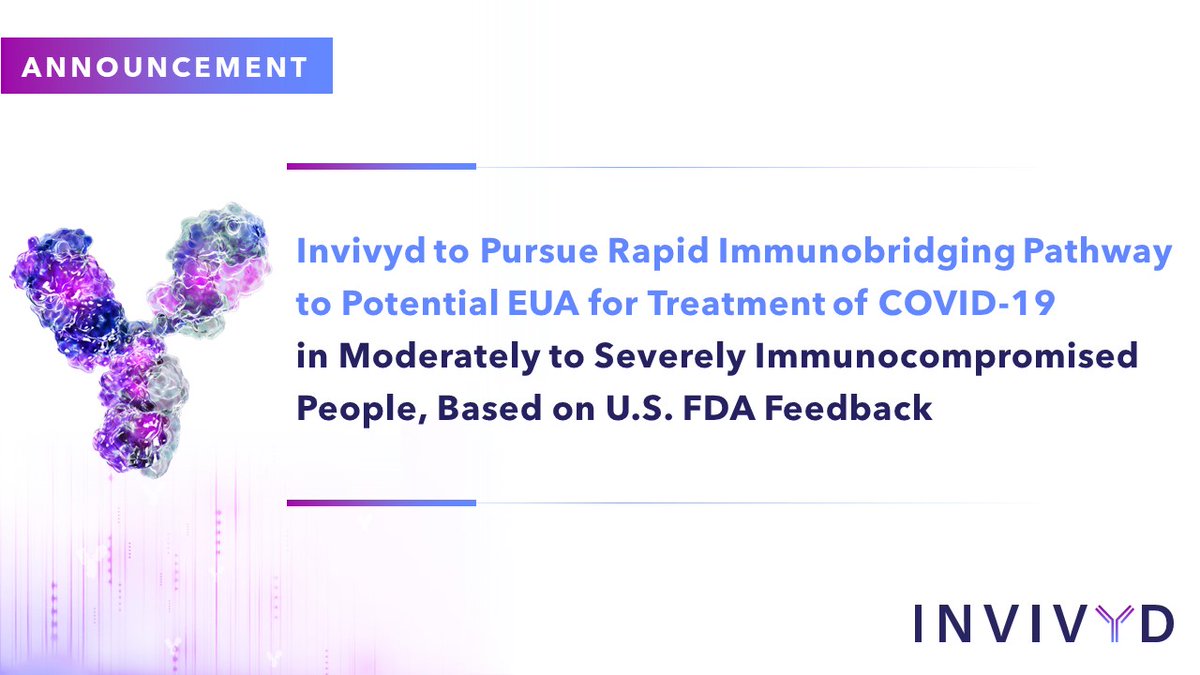 Today we announced our intention to submit an emergency use authorization (EUA) application to the U.S. FDA for pemivibart for the treatment of mild to moderate symptomatic COVID-19 in certain immunocompromised people. investors.invivyd.com/news-releases/… #SARSCOV2