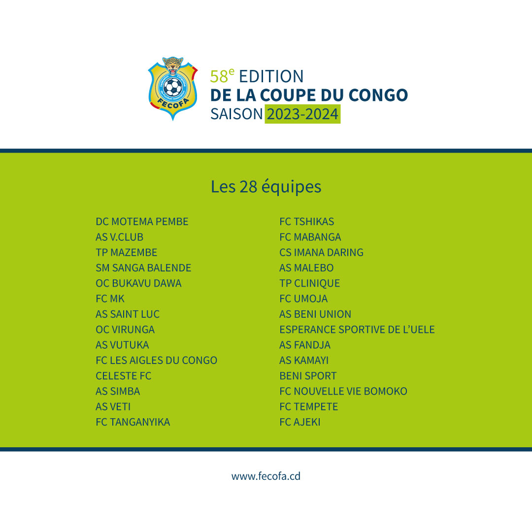 🚨 Tirage au sort de la Coupe du Congo 58ème Edition 2024

🗓️Le tirage au sort, très attendu, aura lieu à la maison du Football Congolais ce mercredi 8 mai 2024.

ℹ️ 28 équipes participeront à cette édition.

#FecofaRdc #CoupeDuCongo #TirageAuSort