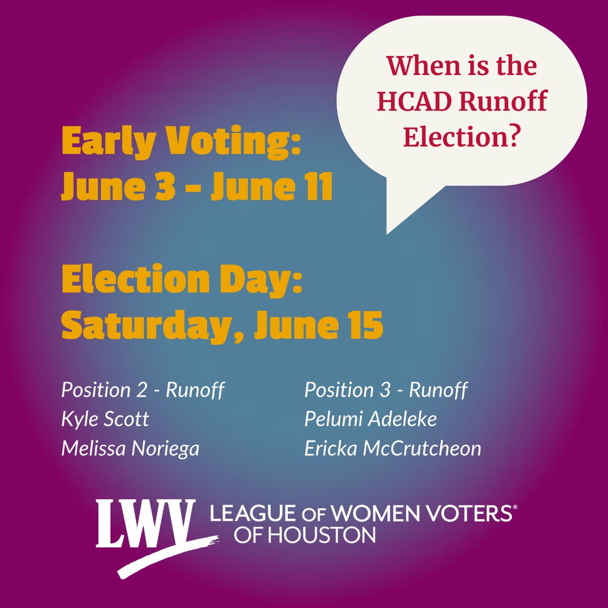 Mark your calendars! If you missed the first HCAD election, you have a chance to vote in the runoff! #lwvhouston #houstonvoter #harrisvotes #yourvotematters