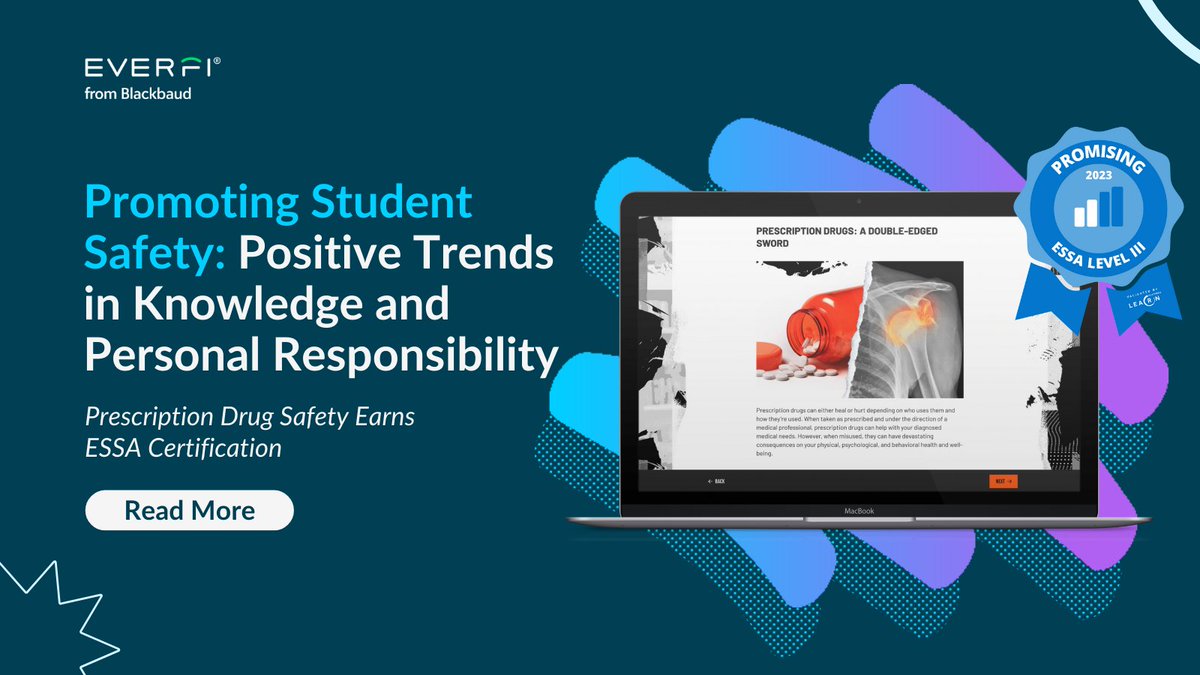 EVERFI's Prescription Drug Safety: Know the truth course has earned an ESSA Evidence Certification, which validates that the education has a positive impact on student's well-being & potential future actions. Learn what this means: blkb.co/4b4V8lG