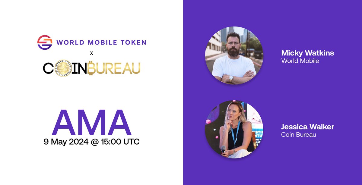 📢 ANNOUNCEMENT: #WorldMobile CEO Micky Watkins will be joining @jessicasmw from @coinbureau this Thursday for an AMA! 👇 More details below!