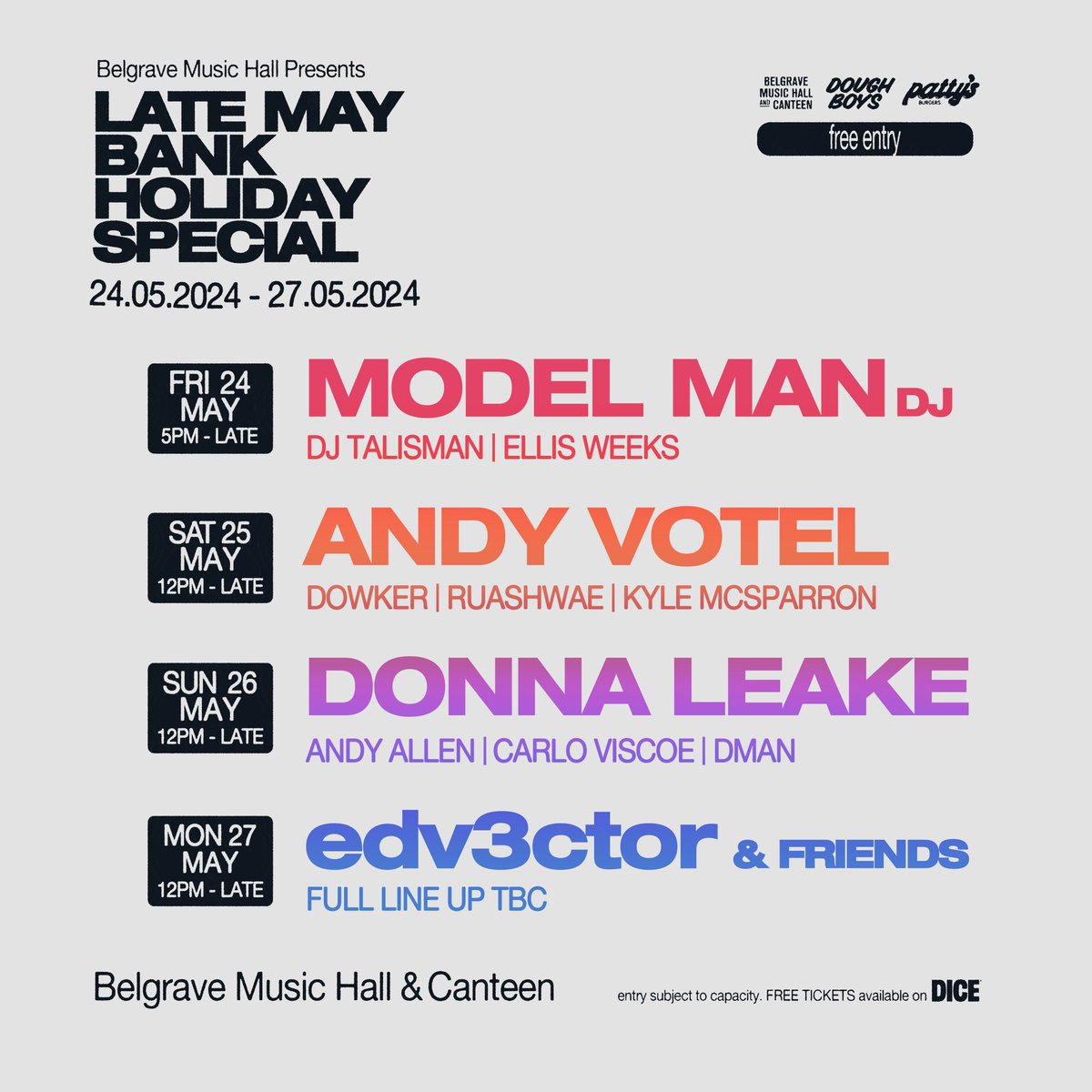 Even more bank holiday fun awaits, with a fresh lineup of DJs soundtracking your late May bank hols in the Canteen 🫡 This time around we're joined by Model Man, @andyvotel, Donna Leake and Edv3ctor across the long weekend! Keep an eye out for more announcements coming soon...👀