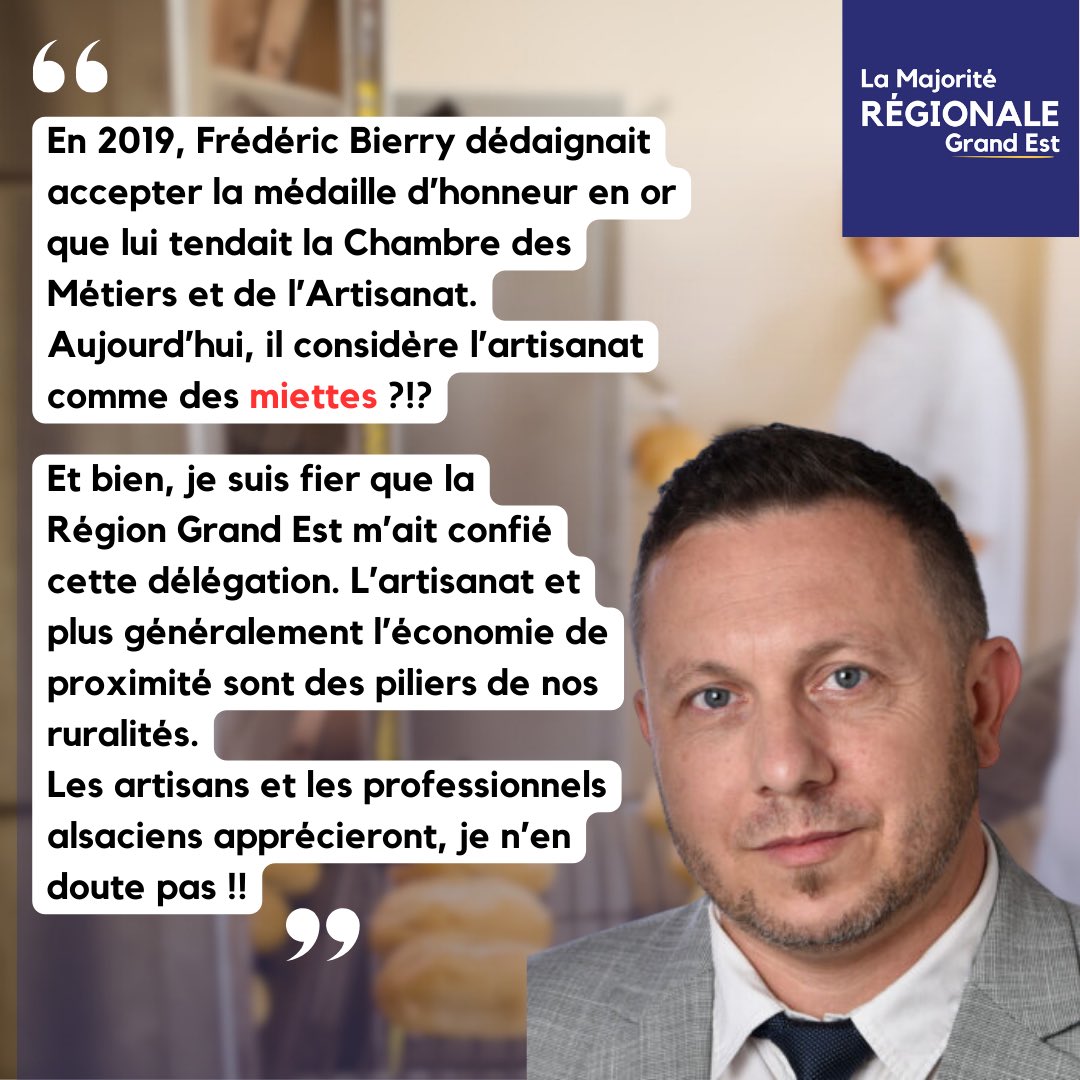MajoriteGE's tweet photo. Le Président de la Collectivité européenne d'Alsace @F_Bierry considère que les propositions du Président de la République ne sont que des miettes. L’artisanat appréciera… 

Pour la Région Grand Est et la @MajoriteGE, l’Artisanat n’est pas une miette. 
Merci à @Bruno Minutiello pour cette mise au point.