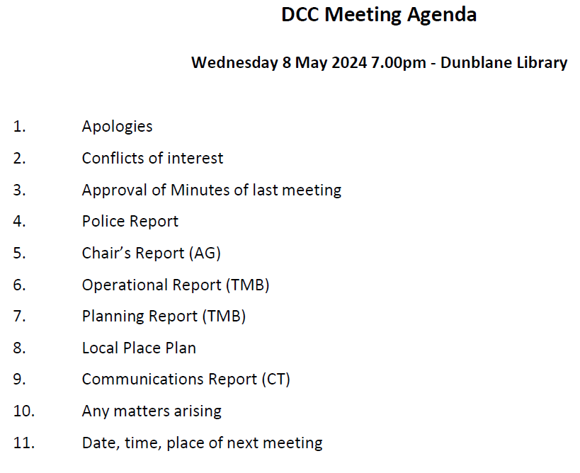 Dunblane Community Council will be meeting on Wednesday 8 May at 7pm in Dunblane Library.  All welcome.  Also on zoom, email cc@dunblane.info for a link.
