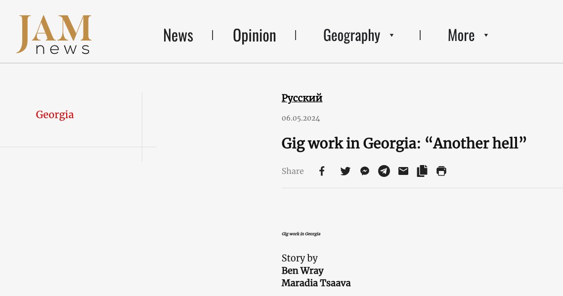 Enjoyed writing this in-depth piece on the gig economy in Georgia with Maradia Tsaava. Like in the west, the gig economy is precarious & strikes are regular. The main difference is that gig work is by no means the lowest paid in Georgia's labour market. jam-news.net/gig-work-in-ge…