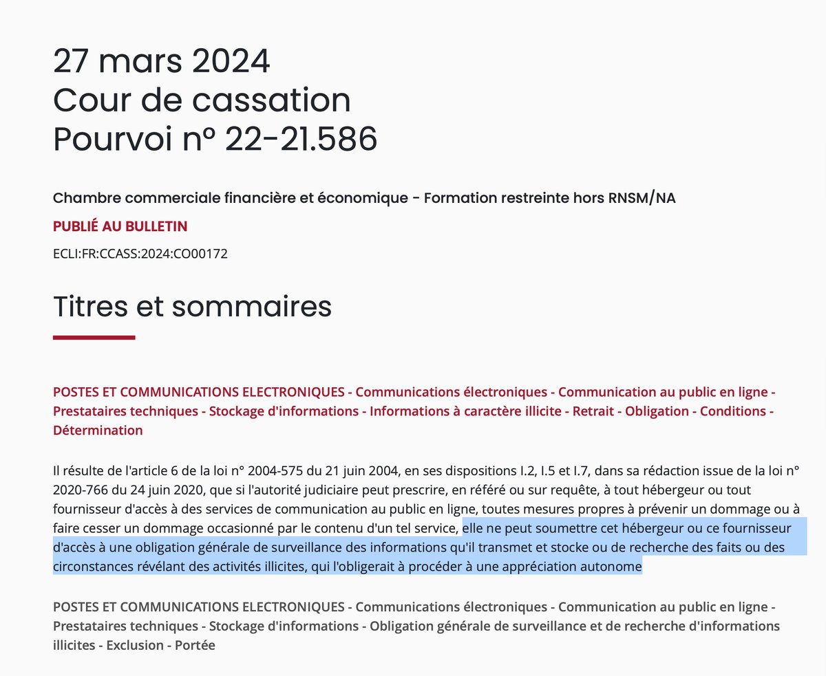 La loi, telle qu'interprétée par la Cour de Cassation, est tellement claire qu'elle dit justement le contraire. La responsabilité ne vaut que pour le manifestement illicite. De rien. legifrance.gouv.fr/loda/article_l…